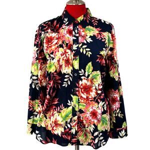 Talbots blouse size L petites navy blue & orange pink floral print cottage core
